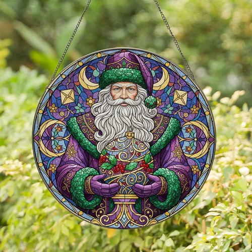 Purple Green Santa Claus Christmas Ornament Holly Berry Swirls - Holiday Decor Gift Stained Glass Suncatcher