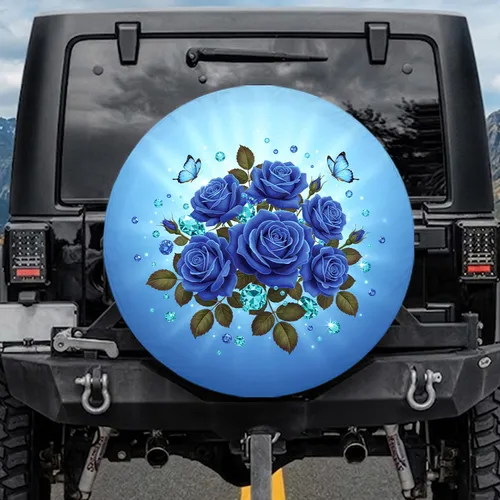 Sapphire Rose Bouquet Blue Butterfly Aquamarine Crystal - Vehicle Decor Gift Spare Tire Cover