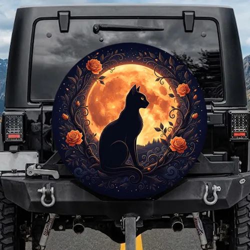 Black Cat Harvest Moon Orange Roses - Home Decor Gift for Cat Lover Spare Tire Cover
