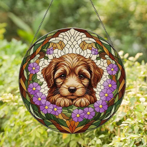 Fluffy Brown Puppy Purple Flowers - Home Decor Gift for Dog Lover Stained Glass Suncatcher