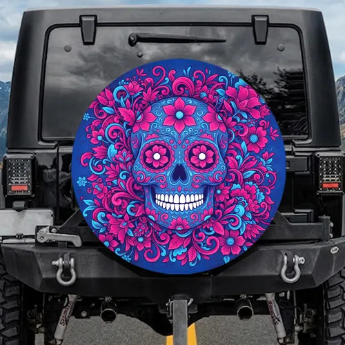 Ornate Sugar Skull Calavera Floral Leaves Flourishes - Home Decor Gift for Car Enthusiast Spare Tire Cover