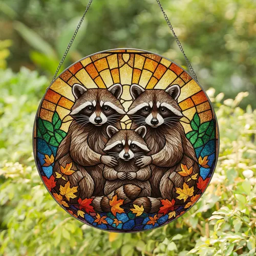Family Masked Raccoons Autumn Foliage Leaves - Home Decor Gift for Wildlife Lover Stained Glass Suncatcher