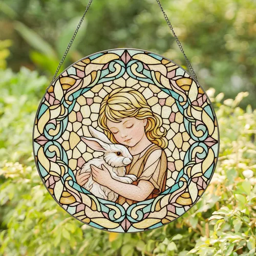 Blonde Child Hugging Rabbit Stained Glass - Home Decor Gift Stained Glass Suncatcher