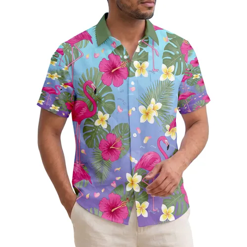 Pink Flamingos Green Palm Fronds Hibiscus Frangipani Blooms - Island Getaway Lifestyle Hawaiian Shirt