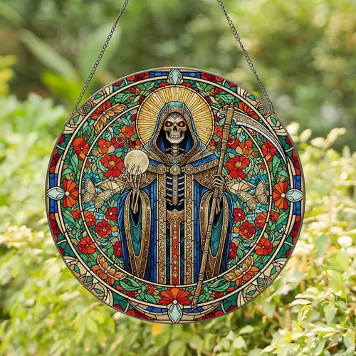 Grim Reaper Red Eyes Floral Butterfly Sunburst Stained Glass Mosaic - Home Decor Gift Stained Glass Suncatcher
