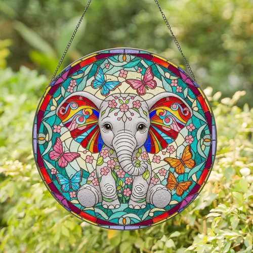 Baby Elephant Butterflies Pink Flowers - Home Decor Gift for Elephant Lover Stained Glass Suncatcher