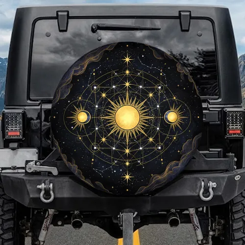 Celestial Alignment Geometric Stars Suns Moons Swirling Clouds - Cosmic Lifestyle Gift Spare Tire Cover