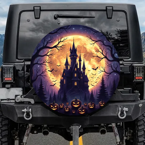 Haunted Castle Harvest Moon Bats Jack-O'-Lanterns - Halloween Party Decor Spare Tire Cover