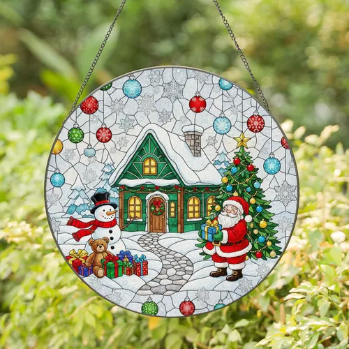 Snow-Covered Christmas House Snowman Santa Teddy Bear - Christmas Holiday Gift Stained Glass Suncatcher
