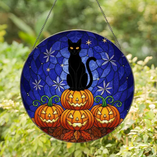 Black Cat Jack-o'-Lantern Stack - Halloween Home Decor Gift for Cat Lover Stained Glass Suncatcher