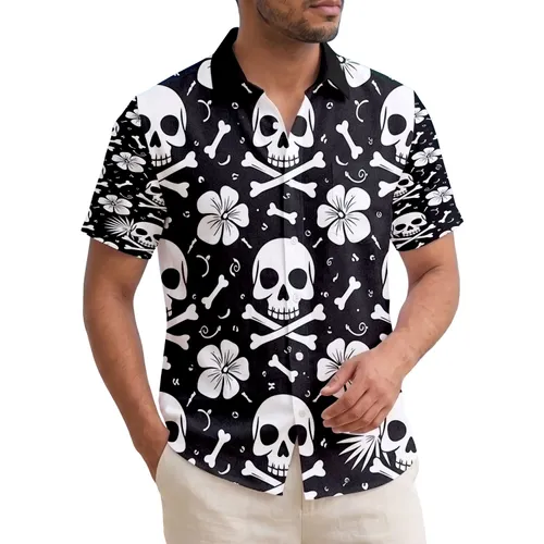 White Skulls Crossbones Bones Palm Fronds Hibiscus - Tropical Lifestyle Gift Hawaiian Shirt