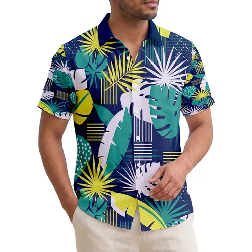 Monstera Palm Jungle Leaves Geometric Stripes Grids - Tropical Lifestyle Gift Hawaiian Shirt
