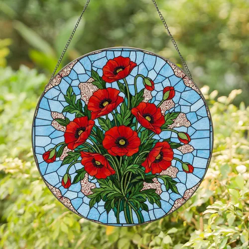 Red Poppy Flower Stained Glass Mosaic - Window Decor Gift for Gardeners Stained Glass Suncatcher
