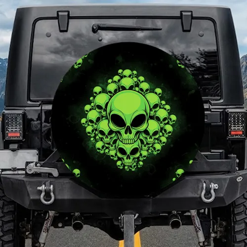Neon Green Alien Skull Heads - Vehicle Decor Gift for Alien Lover Spare Tire Cover