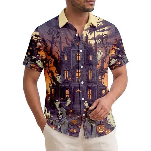 Tropical Haunted Mansion Ghosts Jack-o'-Lanterns Halloween Party Gift for Ghost Lovers Hawaiian Shirt