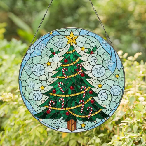 Christmas Tree Baubles Candy Canes Star Snowflakes Holly Berries - Winter Holiday Season Decor Stained Glass Suncatcher