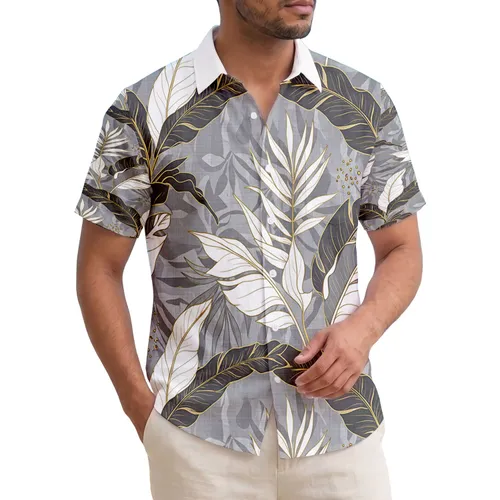 Dense Tropical Foliage Palm Fronds Banana Golden Outlines Speckles - Tropical Lifestyle Hawaiian Shirt
