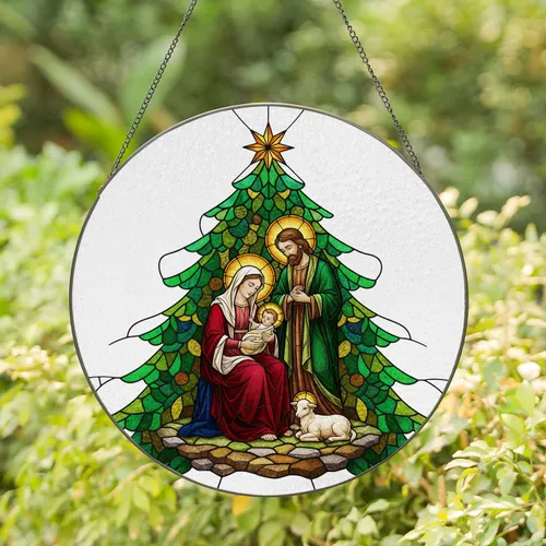 Nativity Scene Christmas Tree Mary Joseph Jesus - Christmas Home Decor Gift Stained Glass Suncatcher