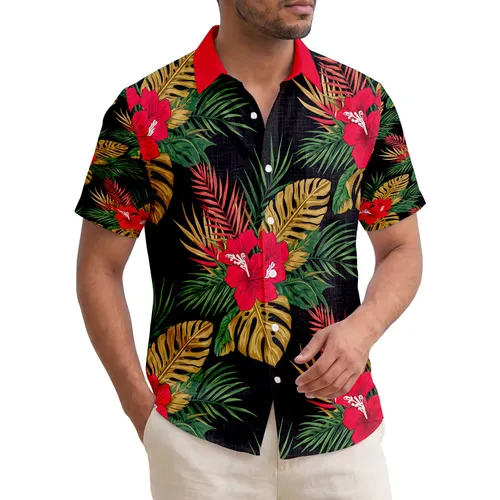 Deep Green Golden Brown Red Tropical Leaves Flowers Palm Fronds - Home Decor Gift Hawaiian Shirt