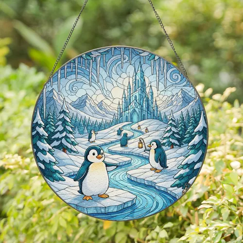 Penguins Ice Castle Icy River Snow Forest Evergreen Lanterns - Wildlife Lover Gift Stained Glass Suncatcher