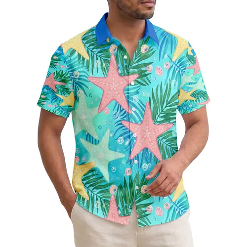Pink Starfish Tropical Palm Fronds Ocean Bubbles - Summer Vacation Gift Hawaiian Shirt