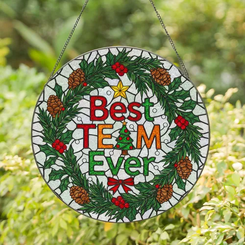 'Best TEAM Ever' Christmas Tree Holly Berry Pinecone - Holiday Gift for Teammates Stained Glass Suncatcher