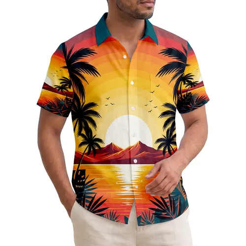 Tropical Sunset Palm Ocean Mountain Birds - Tropical Vacation Gift Hawaiian Shirt