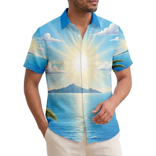 Sun-Drenched Seascape Panoramic View with Palm Frond and Distant Island - Travel Essentials Hawaiian Shirt