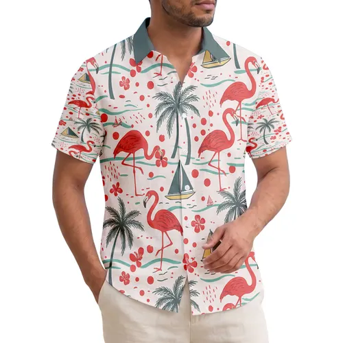 Flamingo Wading Palm Tree Sailboat Ocean Scene - Island Getaway Travel Essentials Gift Hawaiian Shirt