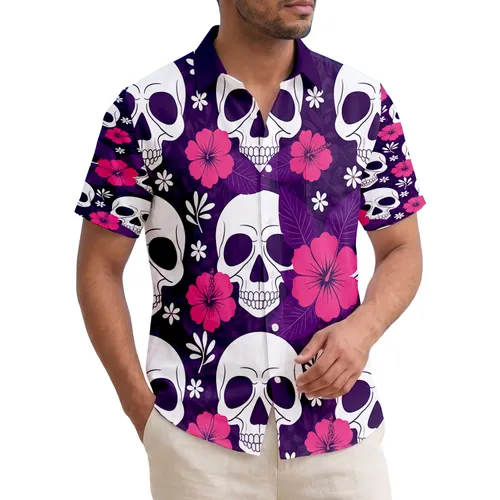 White Human Skulls Pink Tropical Flowers Purple Leaves - Island Lifestyle Gift Hawaiian Shirt