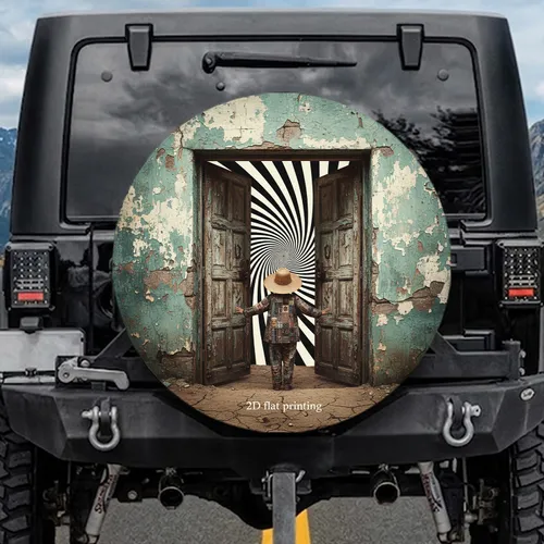 Child in Antique Wooden Doorway with Spiral - Farmhouse Home Decor Gift Spare Tire Cover