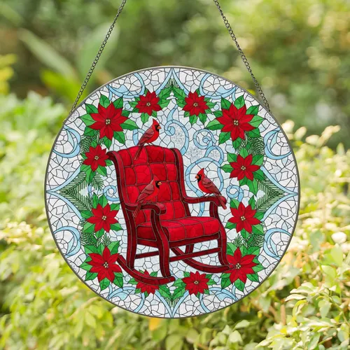 Red Rocking Chair Cardinal Poinsettia Snowflake - Christmas Home Decor Gift Stained Glass Suncatcher