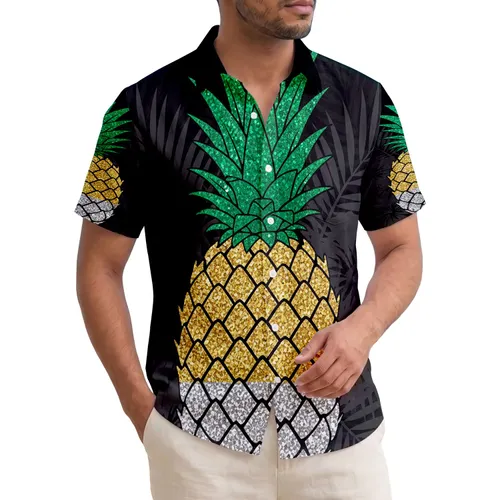 Metallic Gold Silver Pineapple Palm Fronds Hibiscus - Tropical Home Decor Gift Hawaiian Shirt