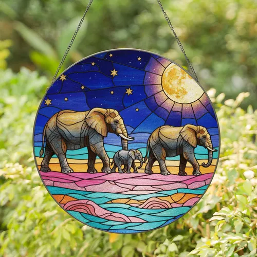Elephant Family Moon Stars Night Sky Landscape Home Decor Gift for Elephant Lovers Stained Glass Suncatcher
