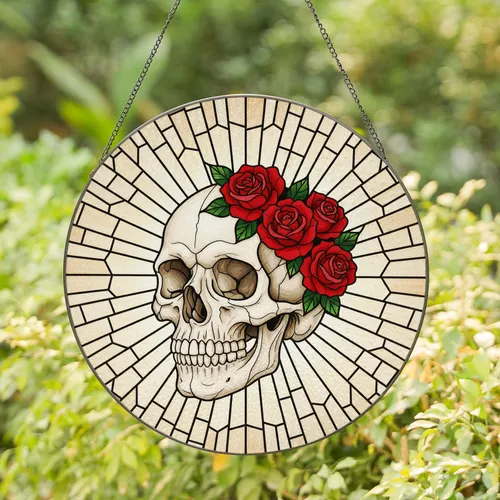 Human Skull with Crimson Rose Mosaic Home Window Decor Gift for Skull Lover Stained Glass Suncatcher
