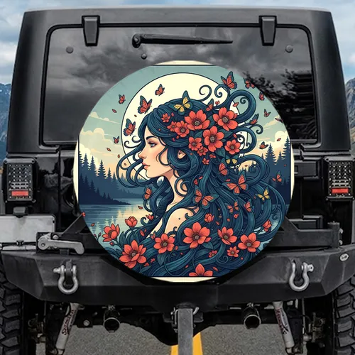 Woman Profile Hair Flowers Butterflies Moon Forest - Twilight Landscape Gift Spare Tire Cover