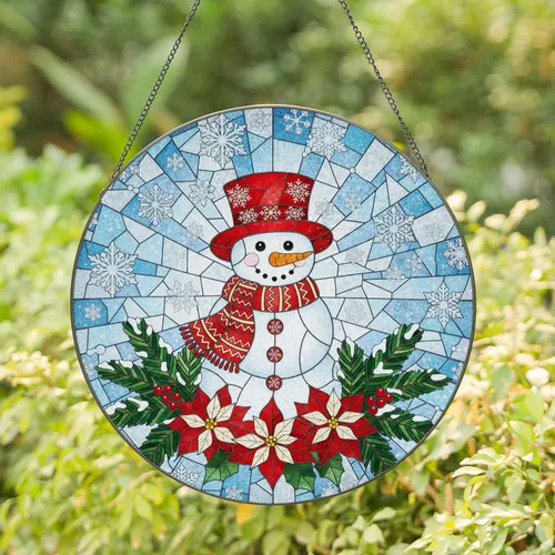 Snowman Pine Branches Poinsettia Snowflakes - Christmas Holiday Home Decor Gift Stained Glass Suncatcher
