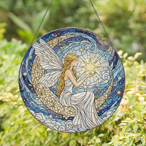 Celestial Fairy Translucent Wings Floral Crescent Moon Radiant Star Stardust - Home Decor Gift Stained Glass Suncatcher