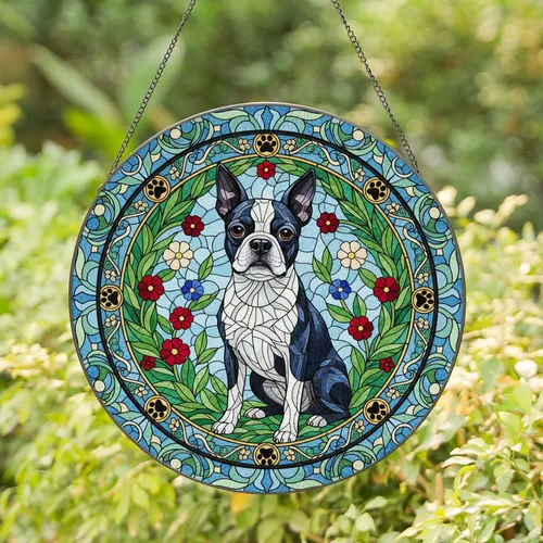Boston Terrier Dog Paw Print Garden Flowers - Home Decor Gift for Dog Lover Stained Glass Suncatcher