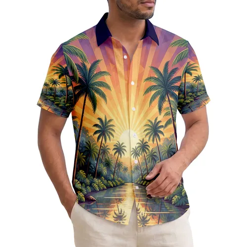 Tropical River Sunset Scene Palm Trees Lush Foliage - Home Decor Gift Hawaiian Shirt