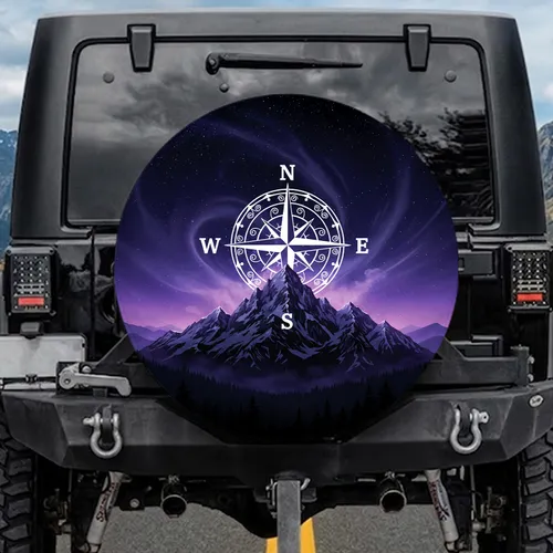 Cosmic Night Compass Rose Mountain Range - Outdoor Explorer Journey Gift Spare Tire Cover