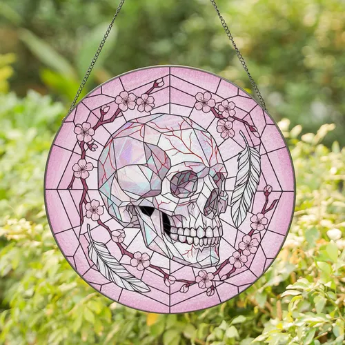Iridescent Faceted Geometric Skull Cherry Blossom - Window Decor Home Gift Stained Glass Suncatcher