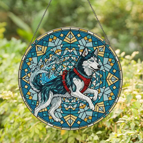 Siberian Husky Pouncing Dog Water Splashes - Dog Lover Home Decor Gift Stained Glass Suncatcher