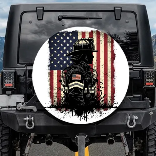 Firefighter Profile Distressed American Flag - Independence Day Gift for First Responders Spare Tire Cover