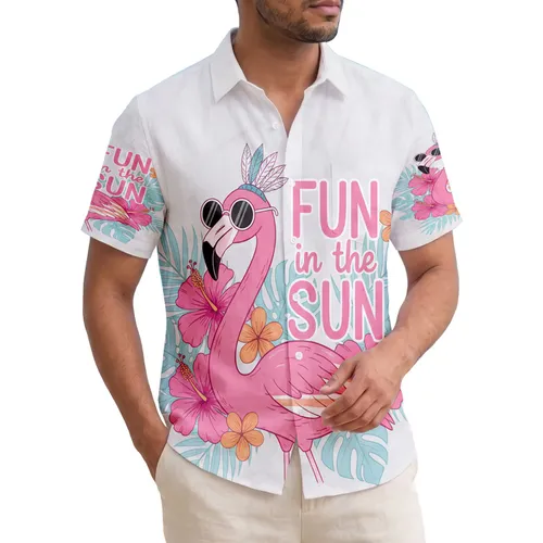 Pink Flamingo Sunglasses FUN In The SUN Hibiscus Plumeria Palm - Tropical Lifestyle Gift Hawaiian Shirt