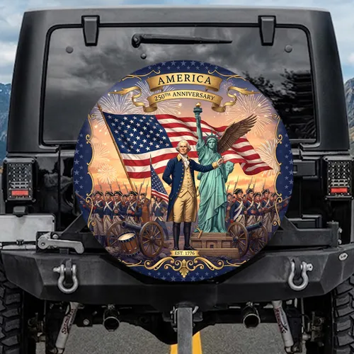 George Washington Bald Eagle Statue Liberty Flag Fireworks - America 250th Anniversary Spare Tire Cover