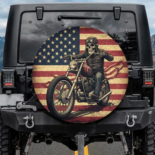Chopper Motorcycle Skull American Flag - Independence Day Gift for Veterans Spare Tire Cover