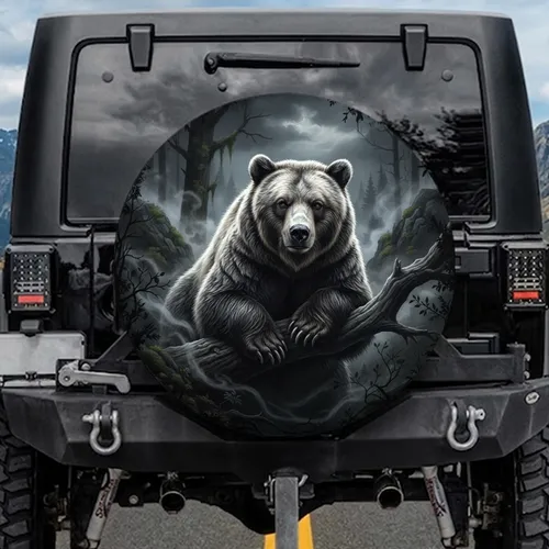 Grizzly Bear Forest Mist Tree Branch Twilight - Wildlife Lover Gift for Bear Enthusiast Spare Tire Cover