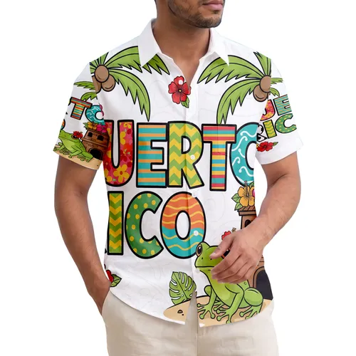 Puerto Rico Coqui Frog Watchtower Palm Trees Hibiscus Flowers - Island Traveler Gift Hawaiian Shirt