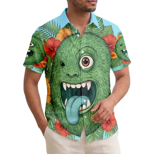 Green Furry Monster Face Tropical Hibiscus Leaves - Home Decor Gift Hawaiian Shirt